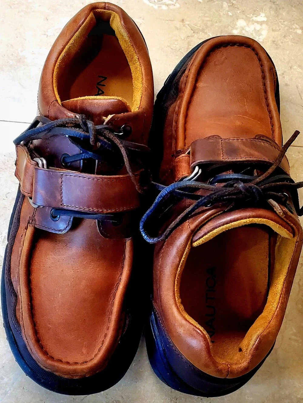 Nautica Men's Moc Toe Brown Leather Lace Up Buckle Strap Shoes US 10M